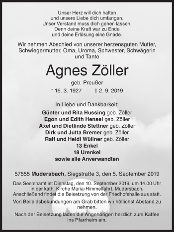 Traueranzeige von Agnes Zöller von Siegener Zeitung