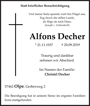 Traueranzeige von Alfons Decher von Siegener Zeitung