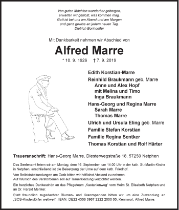 Traueranzeige von Alfred Marre von Siegener Zeitung