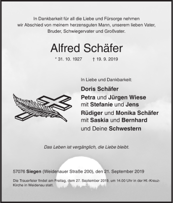 Traueranzeige von Alfred Schäfer von Siegener Zeitung