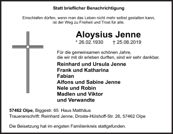 Traueranzeige von Aloysius Jenne von Siegener Zeitung