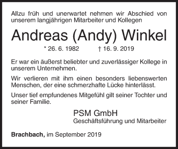 Traueranzeige von Andreas Winkel von Siegener Zeitung