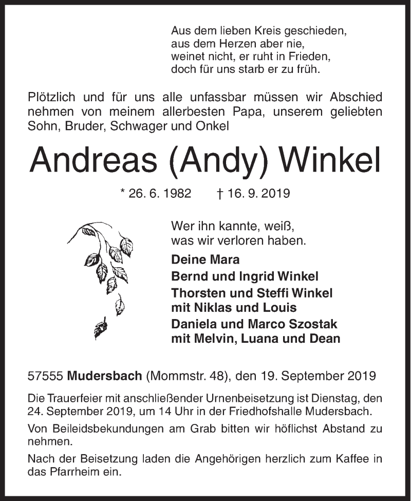  Traueranzeige für Andreas Andy Winkel vom 19.09.2019 aus Siegener Zeitung