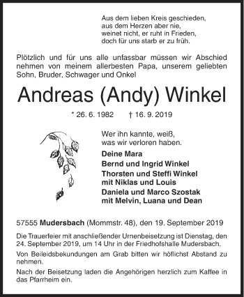 Traueranzeige von Andreas Andy Winkel von Siegener Zeitung