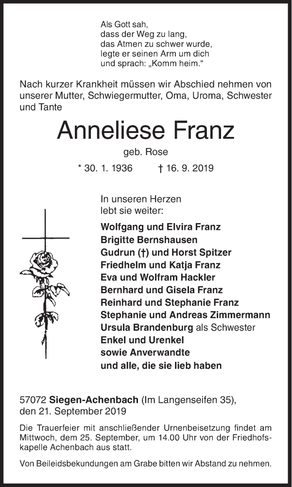  Traueranzeige für Anneliese Franz vom 21.09.2019 aus Siegener Zeitung
