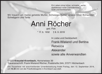 Traueranzeige von Anni Röcher von Siegener Zeitung