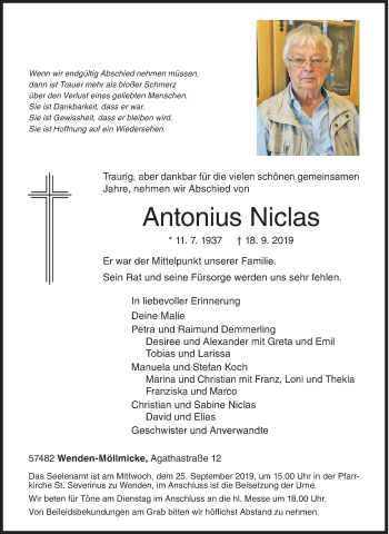 Traueranzeige von Antonius Niclas von Siegener Zeitung