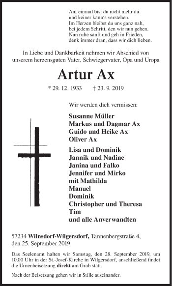 Traueranzeige von Artur Ax von Siegener Zeitung