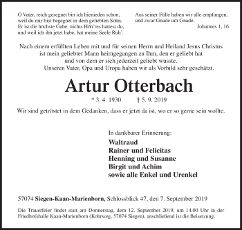 Traueranzeige von Artur Otterbach von Siegener Zeitung