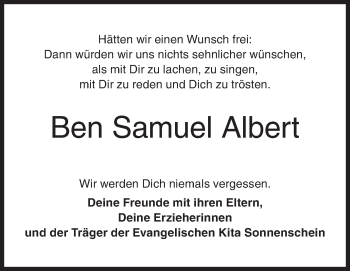 Traueranzeige von Ben Samuel Albert von Siegener Zeitung