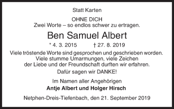 Traueranzeige von Ben Samuel Albert von Siegener Zeitung