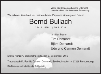 Traueranzeige von Bernd Bullach von Siegener Zeitung