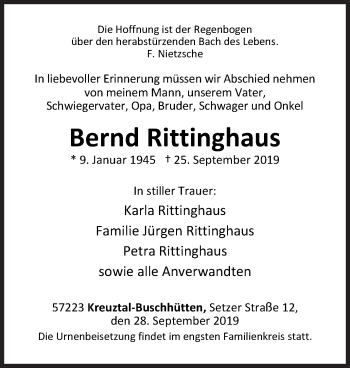 Traueranzeige von Bernd Rittinghaus von Siegener Zeitung