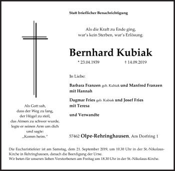 Traueranzeige von Bernhard Kubiak  von Siegener Zeitung