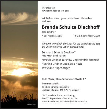 Traueranzeige von Brenda Schulze Dieckhoff von Siegener Zeitung