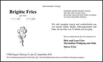 Traueranzeige von Brigitte Fries von Siegener Zeitung