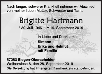 Traueranzeige von Brigitte Hartmann von Siegener Zeitung