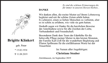 Traueranzeige von Brigitte Klinkert von Siegener Zeitung