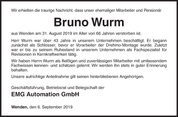 Traueranzeige von Bruno Wurm von Siegener Zeitung