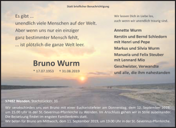 Traueranzeige von Bruno Wurm von Siegener Zeitung