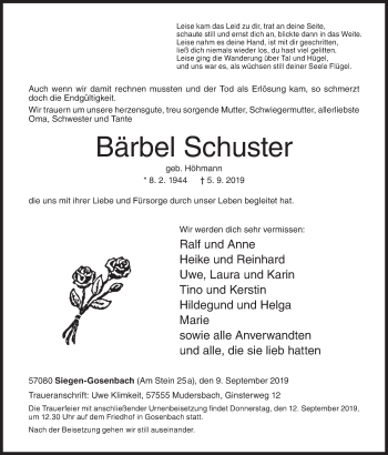 Traueranzeige von Bärbel Schuster von Siegener Zeitung