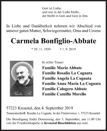 Traueranzeige von Carmela Bonfiglio-Abbate von Siegener Zeitung
