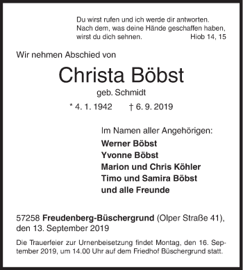 Traueranzeige von Christa Böbst von Siegener Zeitung