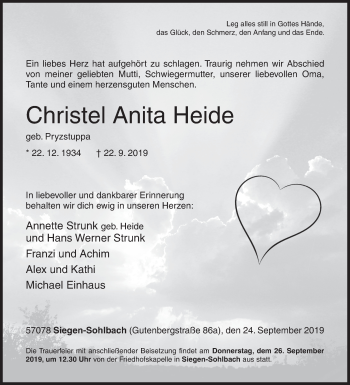Traueranzeige von Christel Anita Heide von Siegener Zeitung