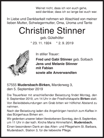 Traueranzeige von Christine Stinner von Siegener Zeitung
