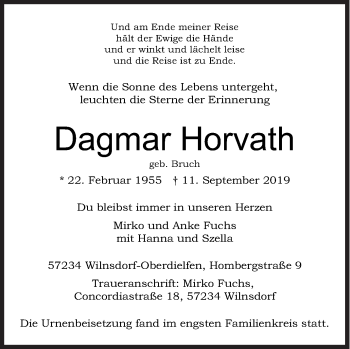 Traueranzeige von Dagmar Horvath von Siegener Zeitung