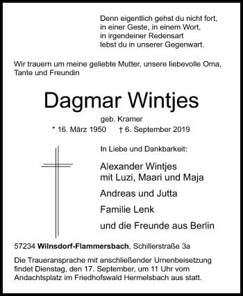 Traueranzeige von Dagmar Wintjes von Siegener Zeitung