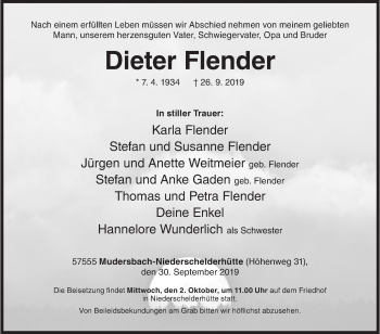 Traueranzeige von Dieter Flender von Siegener Zeitung