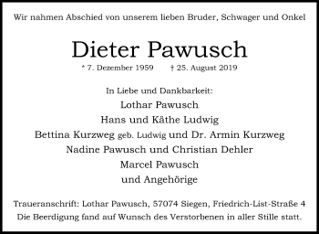 Traueranzeige von Dieter Pawusch von Siegener Zeitung
