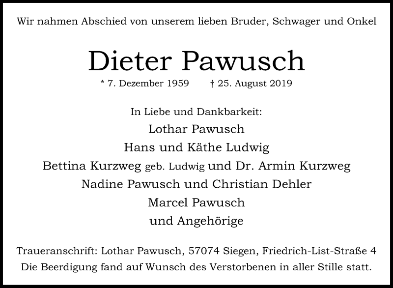  Traueranzeige für Dieter Pawusch vom 09.09.2019 aus Siegener Zeitung