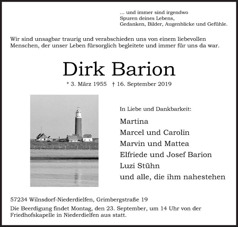  Traueranzeige für Dirk Barion vom 19.09.2019 aus Siegener Zeitung