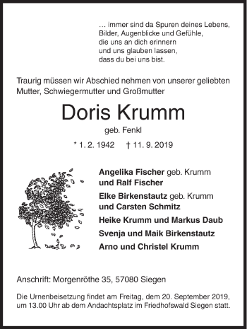 Traueranzeige von Doris Krumm von Siegener Zeitung