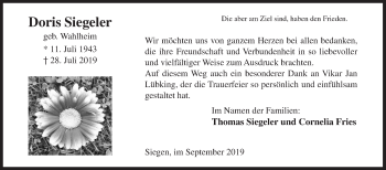 Traueranzeige von Doris Siegeler von Siegener Zeitung