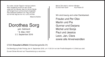 Traueranzeige von Dorothea Sorg von Siegener Zeitung