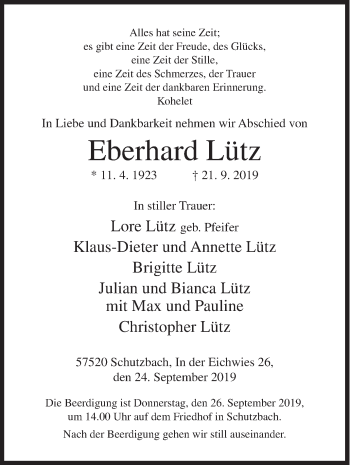 Traueranzeige von Eberhard Lütz von Siegener Zeitung