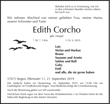 Traueranzeige von Edith Corcho von Siegener Zeitung