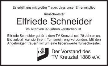 Traueranzeige von Elfriede Schneider von Siegener Zeitung
