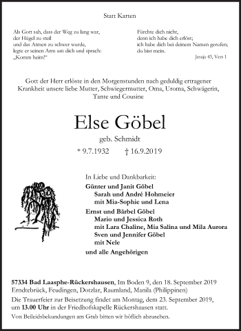 Traueranzeige von Else Göbel von Siegener Zeitung