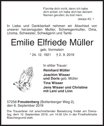 Traueranzeige von Emilie Elfriede Müller von Siegener Zeitung