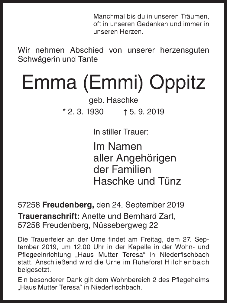 Traueranzeigen Von Emma Oppitz 57trauer De