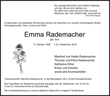 Traueranzeige von Emma Rademacher von Siegener Zeitung