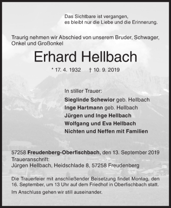 Traueranzeige von Erhard Hellbach von Siegener Zeitung