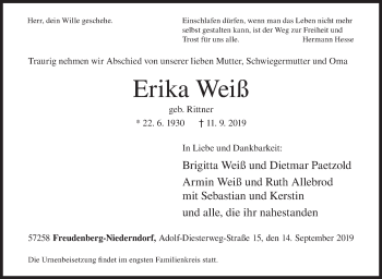 Traueranzeige von Erika Weiß von Siegener Zeitung