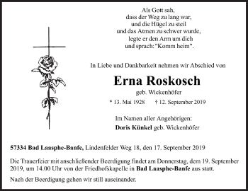 Traueranzeige von Erna Roskosch von Siegener Zeitung