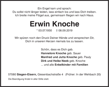 Traueranzeige von Erwin Knoche von Siegener Zeitung