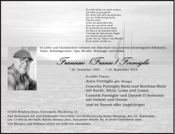 Traueranzeige von Francesco Formiglio von Siegener Zeitung